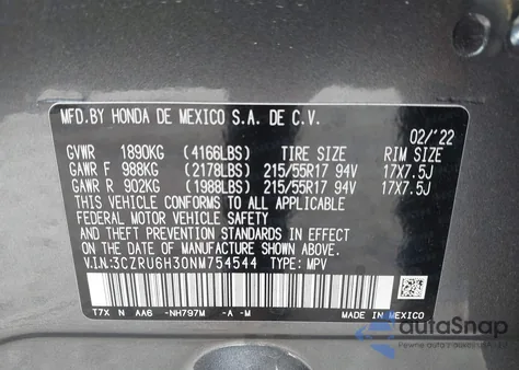 2022 Honda Hr-V Awd Lx из США, поврежденный, VIN 3CZRU6H30NM754544